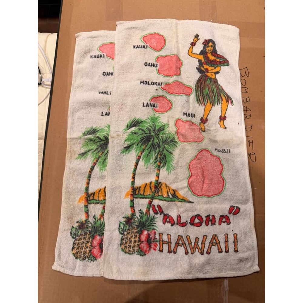 Vintage Aloha Hawaii Islands Hula Girl Hand Towel - Two Available